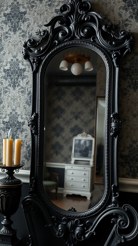 A vintage black-framed mirror with ornate detailing, reflecting a softly lit room with candles.