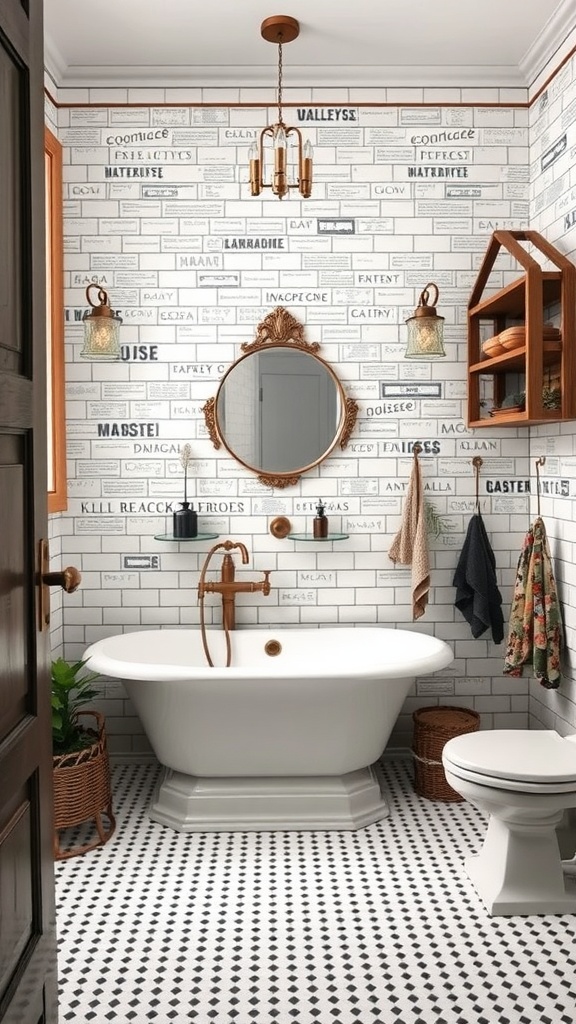 A modern bathroom featuring a vintage tub, copper fixtures, patterned tile walls, and wooden shelving.