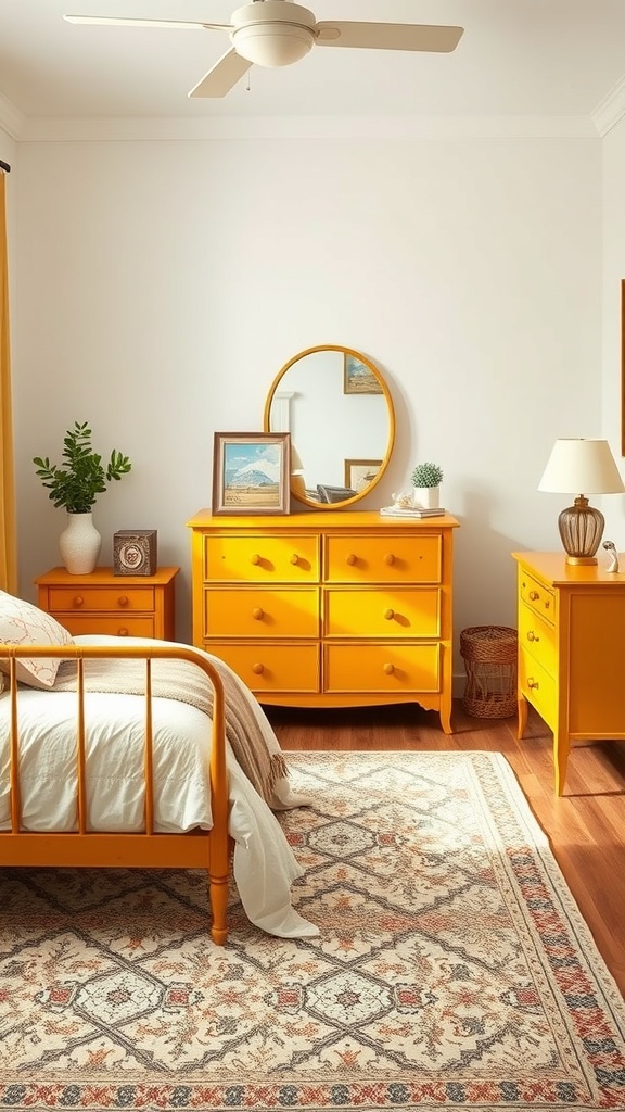 A cozy bedroom featuring vintage mustard yellow furniture, including a bed, dresser, and nightstand, with a patterned rug and decorative plants.