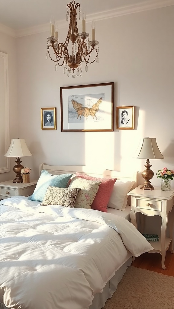 A cozy vintage pastel bedroom featuring soft bedding, pastel pillows, framed artwork, and a chandelier.