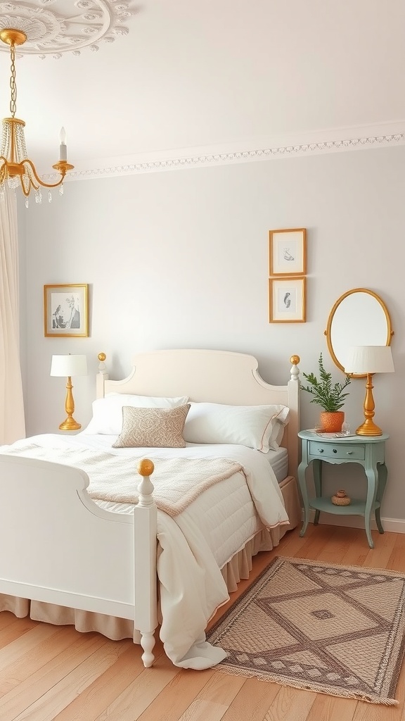 A vintage pastel-themed bedroom with a white bed, turquoise nightstand, and soft decor.