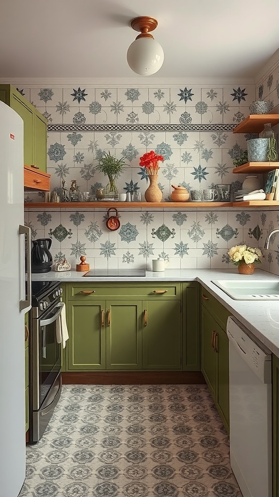 A cozy kitchen featuring vintage patterned tiles on the walls, soft green cabinets, and wooden shelves.