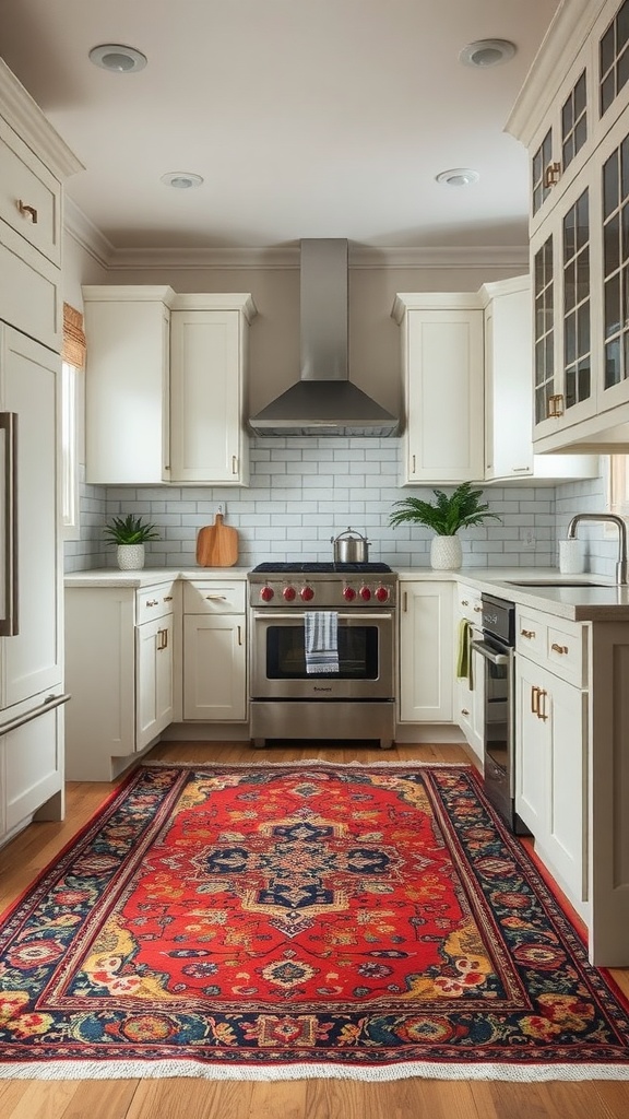 A kitchen featuring a vintage Persian rug with red and blue patterns, modern appliances, and light cabinetry.