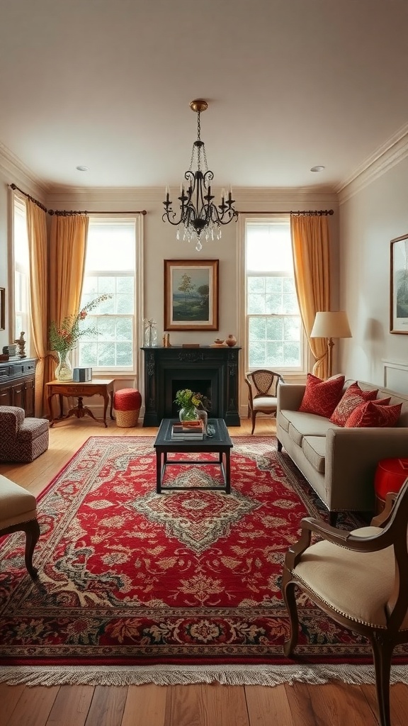 Cozy living room with a vintage Persian rug, neutral furniture, and warm lighting
