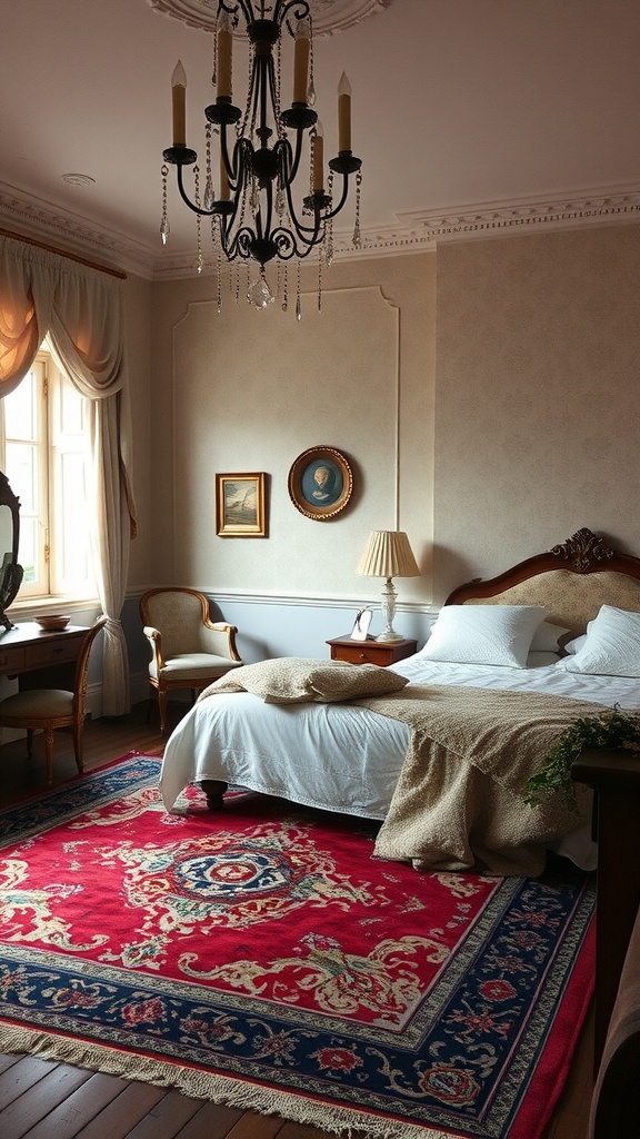 A cozy bedroom featuring a vintage Persian rug, elegant chandelier, and classic furniture.