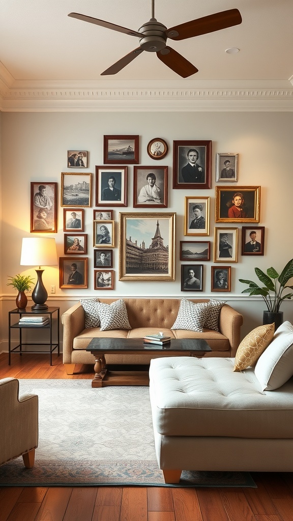 A vintage photo wall with various framed photographs in a living room setting.