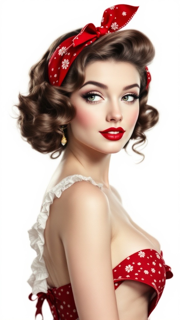A woman with vintage pin-up curls, wearing a red dress and headband, showcasing a cute Valentine’s Day hairstyle.