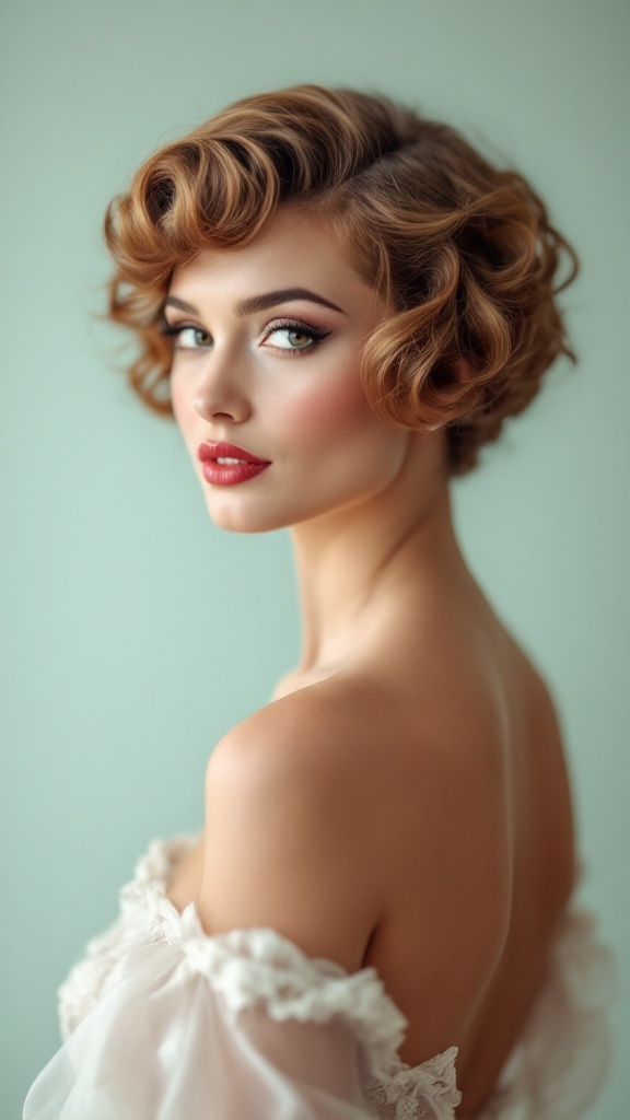 A close-up of a woman showcasing vintage pin-up curls, demonstrating a romantic bridal hairstyle.