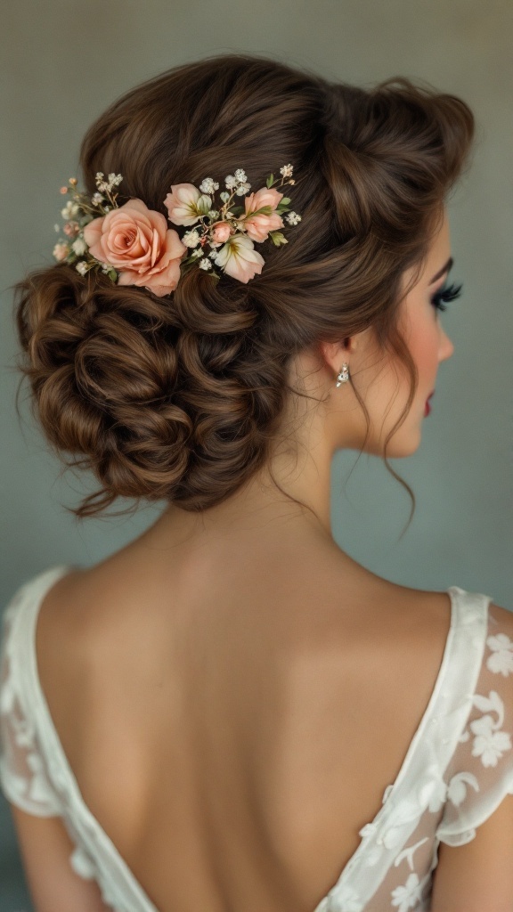 A woman with vintage pin-up curls adorned with flowers in her hair, showcasing a bridal hairstyle.