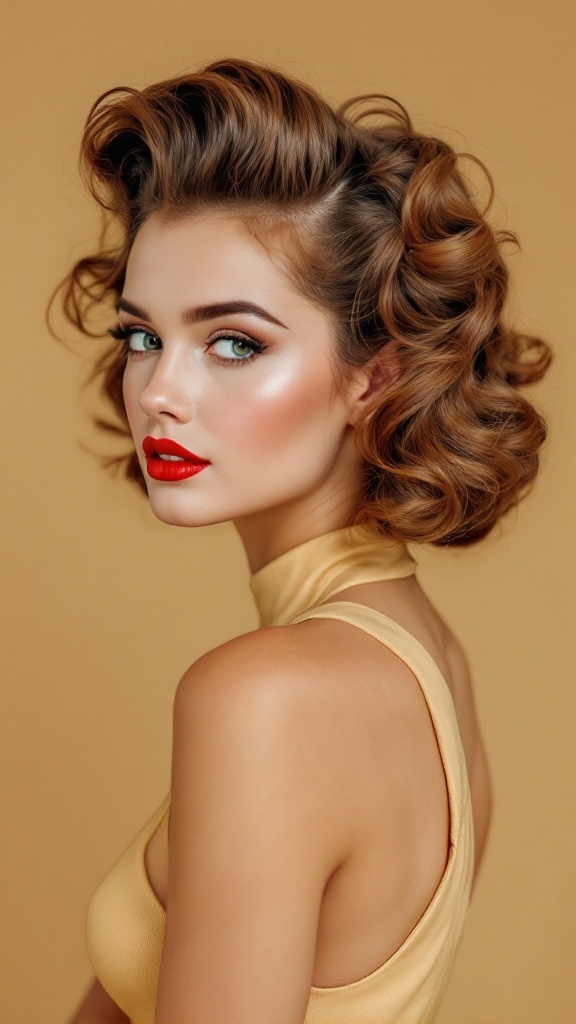 A stylish woman with vintage pin-up curls and red lipstick, showcasing a retro hairstyle perfect for a high neck dress.