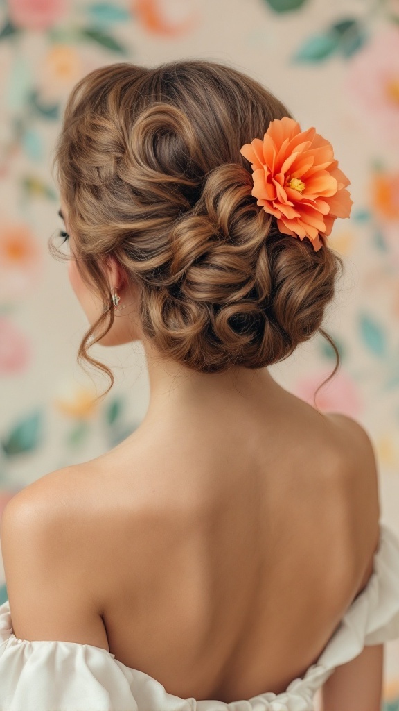 A bride's hairstyle featuring soft curls styled into an updo, adorned with a bright orange flower.