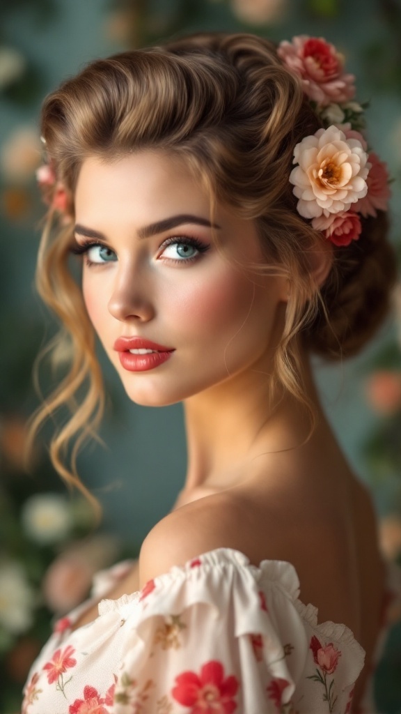 Model with vintage pin-up hairstyle featuring flowers, showcasing a charming retro look.