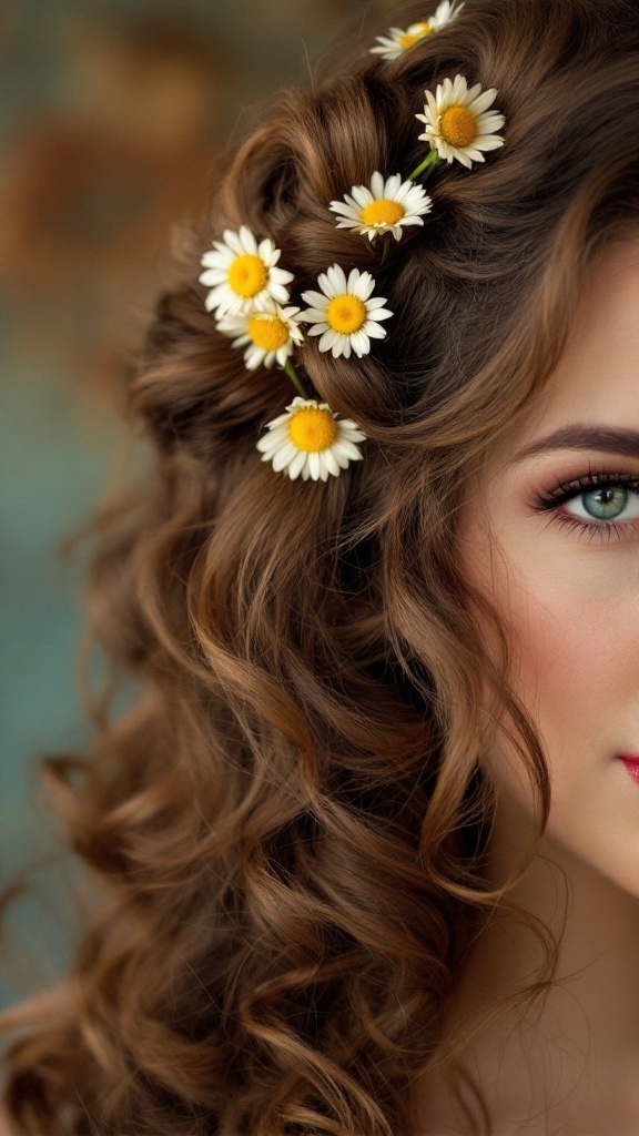 A close-up of a woman with curly hair styled in a vintage pin-up look, adorned with daisies.
