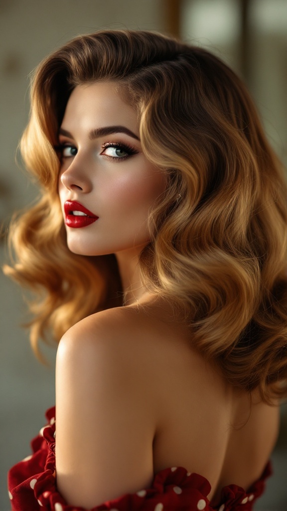 A woman with vintage pin-up waves hairstyle, featuring soft curls and bright red lipstick.