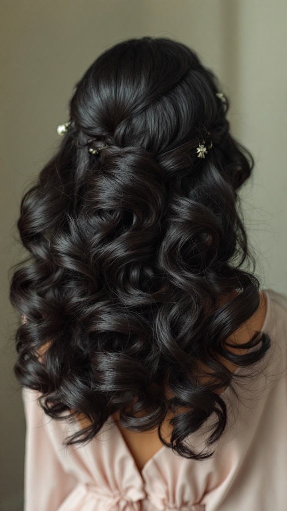 Bridesmaid hairstyle featuring vintage pin-up waves on black hair