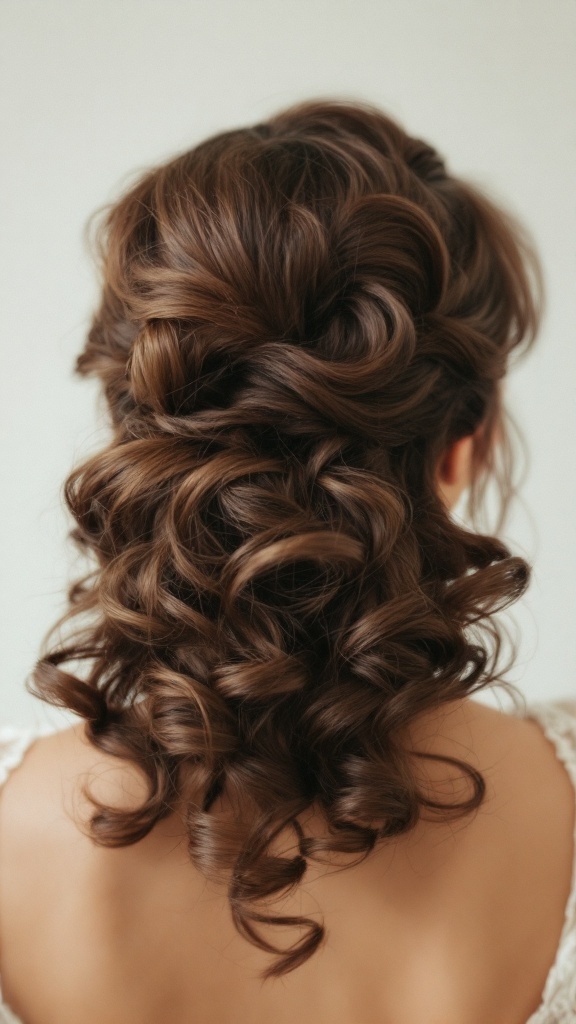 A back view of a vintage pin-up hairstyle featuring dramatic bangs and soft curls.