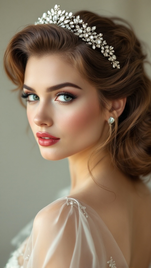 Bride with vintage pin-up hairstyle and jeweled crown