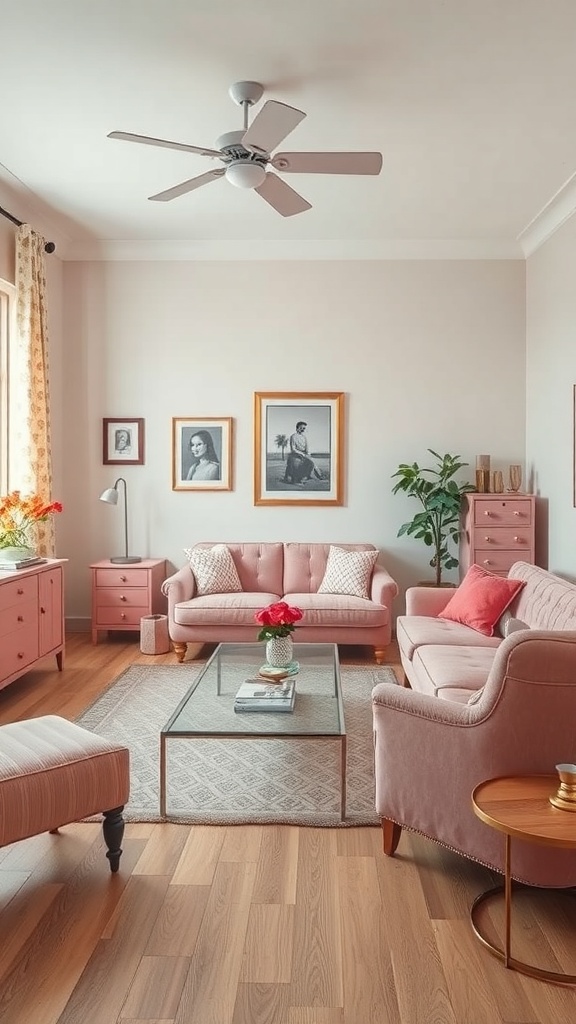 A vintage pink living room featuring pink sofas, dressers, and decor with light wood flooring.
