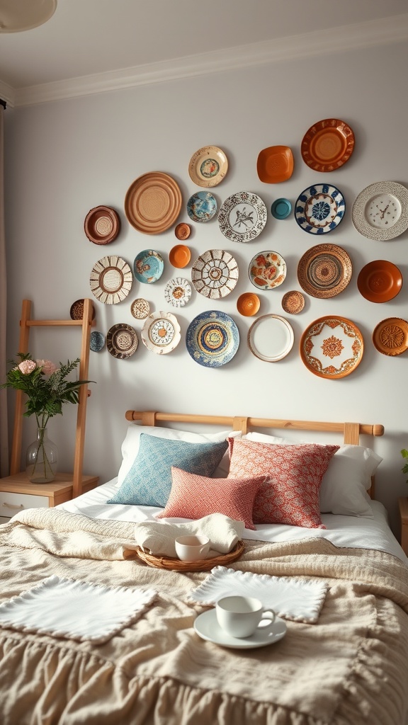 A cozy bedroom with a vintage plate wall display featuring various colorful plates above a bed.