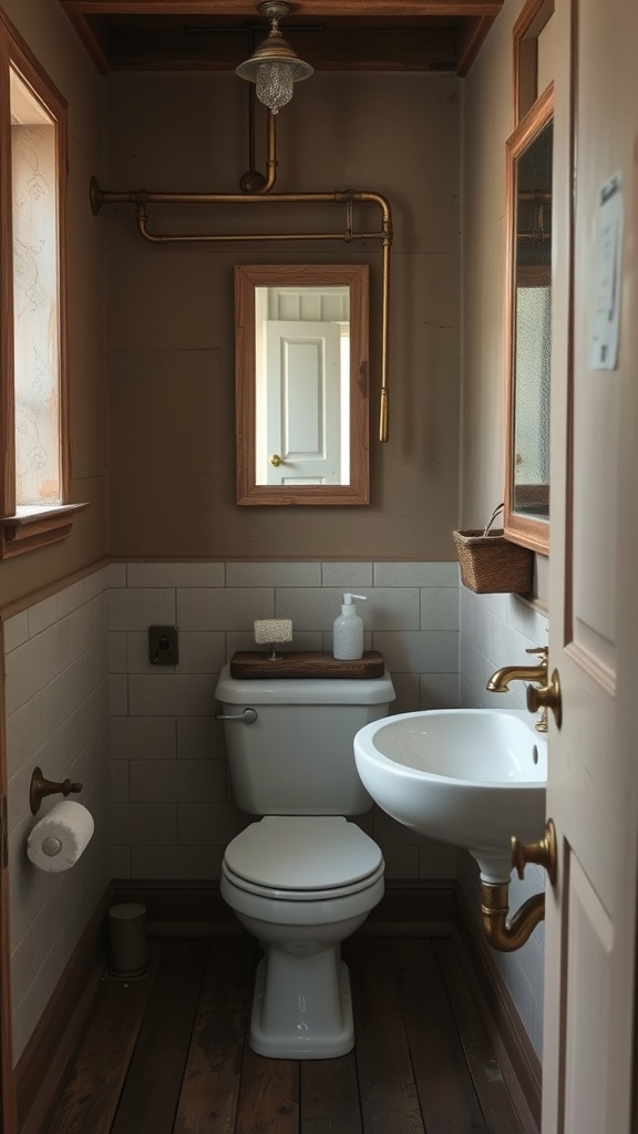A rustic bathroom featuring vintage plumbing fixtures, including brass pipes and a classic light fixture.