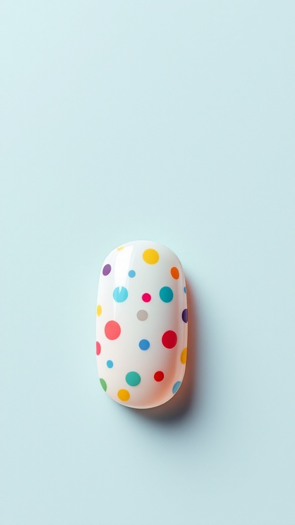 A nail with a white base decorated with colorful polka dots.
