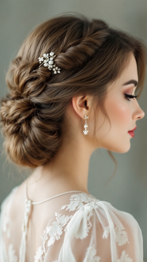 A stylish vintage ponytail with a twist, featuring intricate braiding and a floral hairpin.