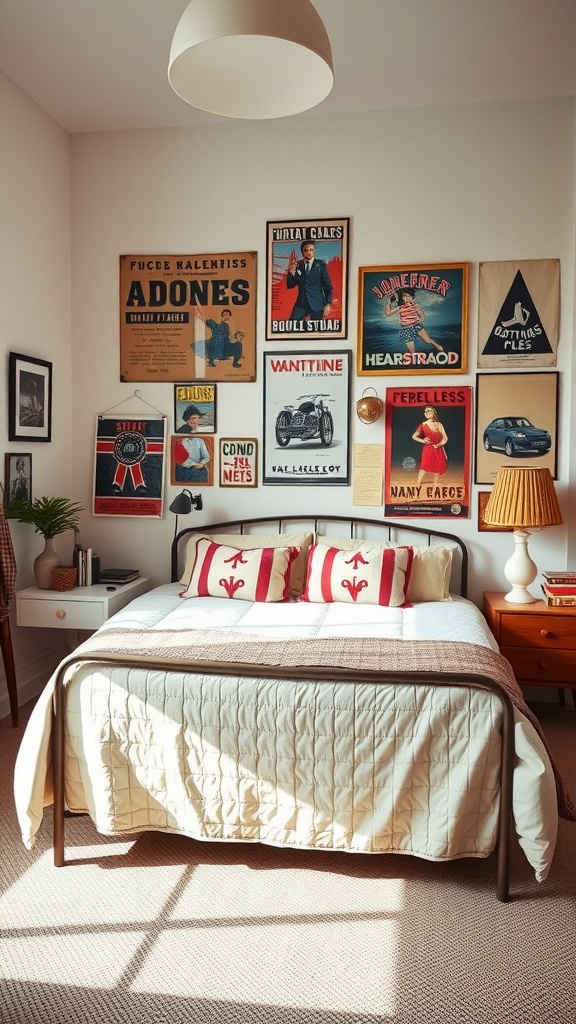 A collection of vintage posters decorates a bedroom wall, showcasing various styles and colors.