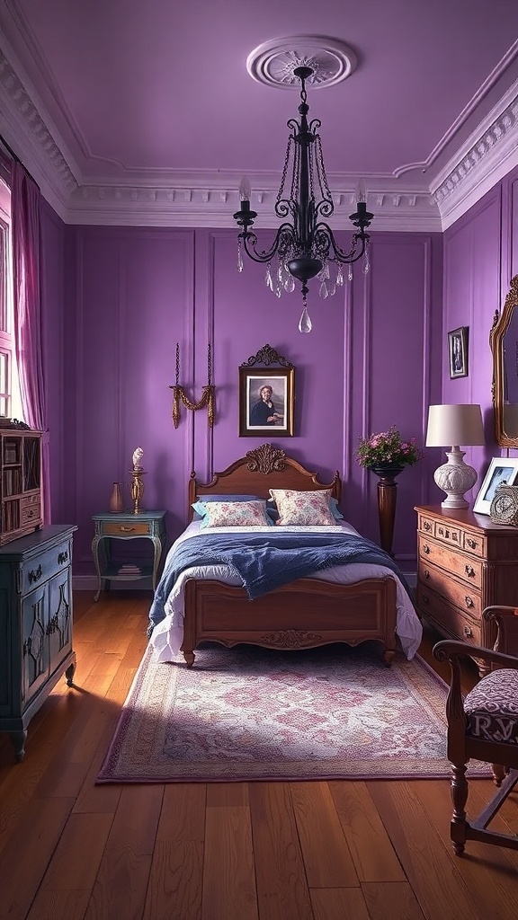 A vintage-style bedroom with purple walls, wooden furniture, and elegant decor.