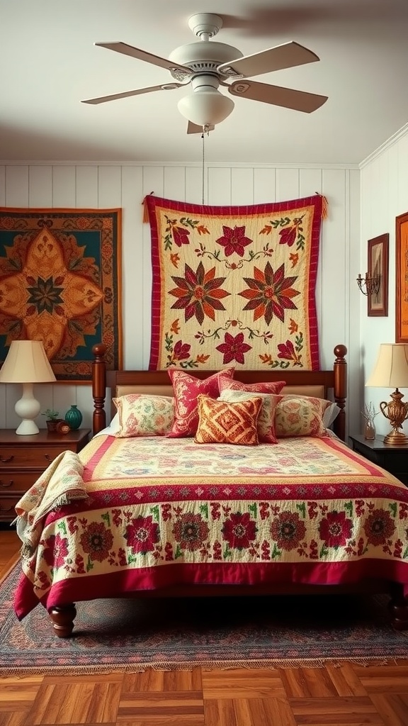 A cozy bedroom featuring vintage quilts displayed on the bed and walls, with a warm color palette and wooden furniture.
