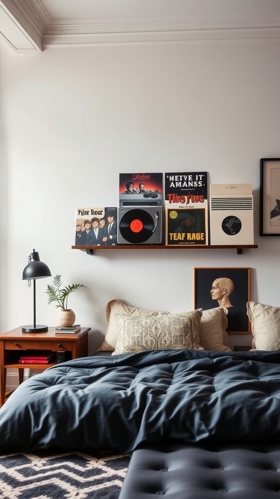 A cozy bedroom featuring a vintage record collection display on a shelf, with a lamp, decorative pillows, and a wooden nightstand.