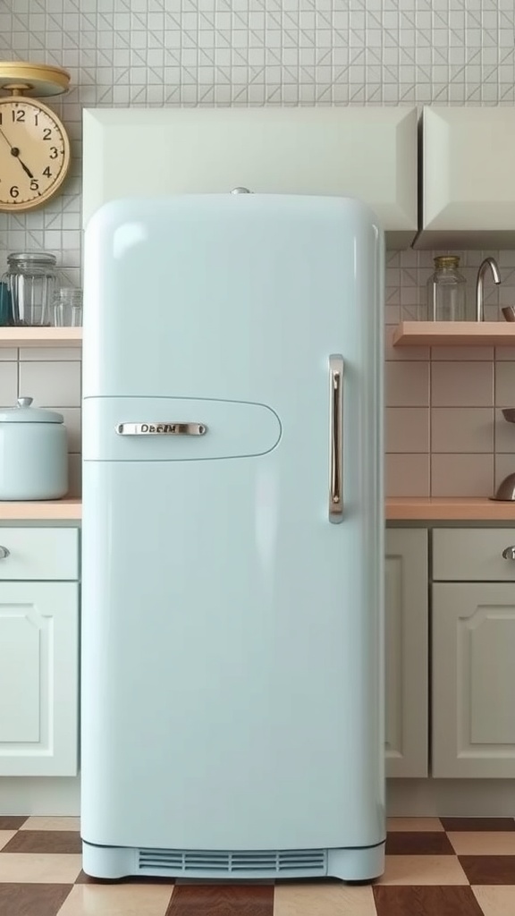 A vintage light blue refrigerator in a retro kitchen setting with wooden shelves and a wall clock.