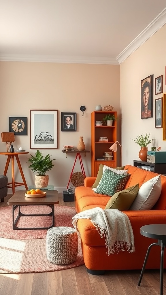 A vintage retro living room featuring an orange sofa, decorative pillows, and retro artwork on the walls.