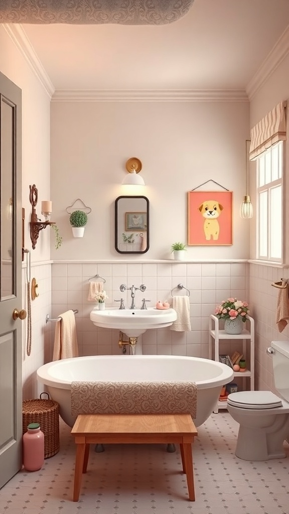 A vintage-inspired bathroom featuring a freestanding tub, pastel colors, and playful decor.