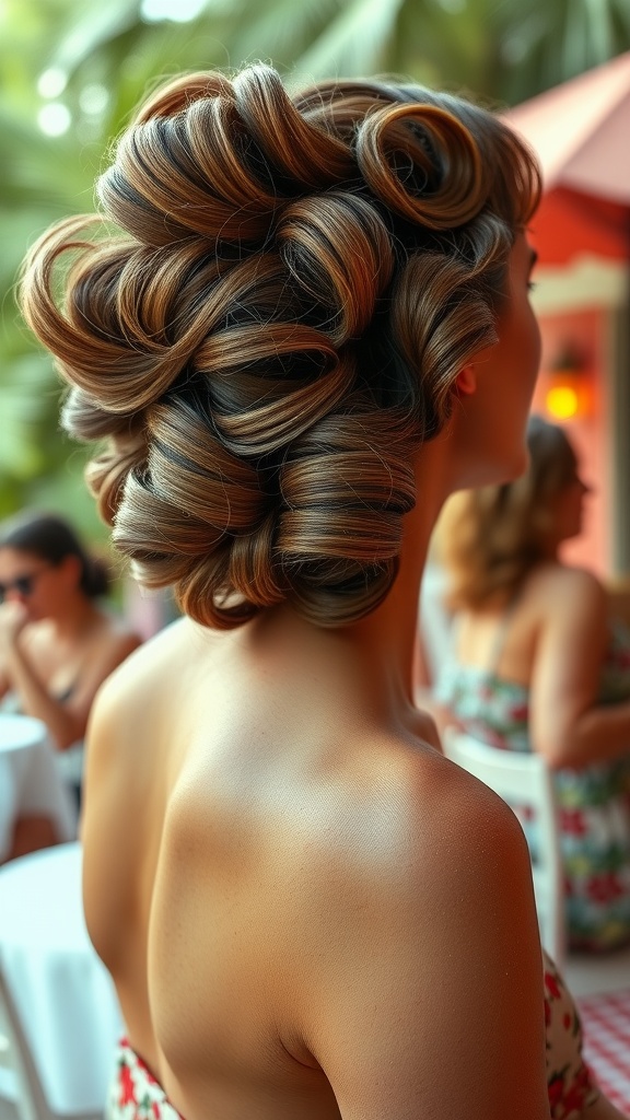 A woman showcasing vintage retro waves hairstyle, with defined curls styled elegantly, set in a vibrant outdoor scene.