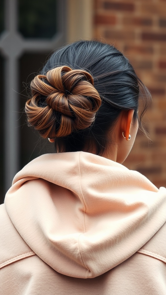 A person wearing a hoodie with a vintage roll hairstyle, showcasing a neat bun at the back.