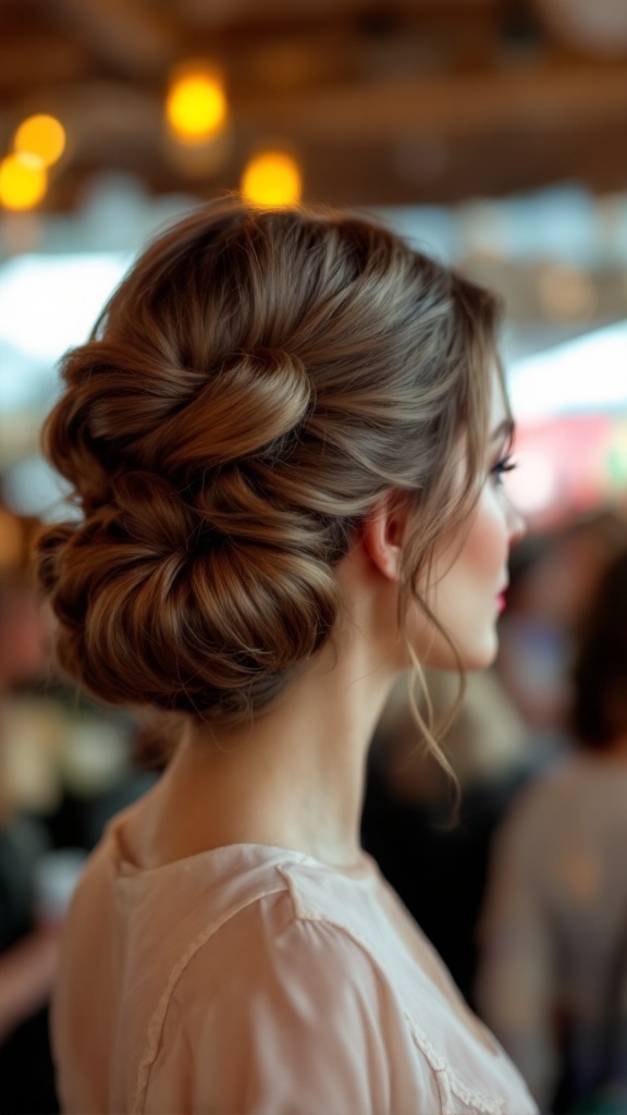 A woman showcasing a vintage roll hairstyle, with elegant rolled sections of hair, creating a sophisticated look.