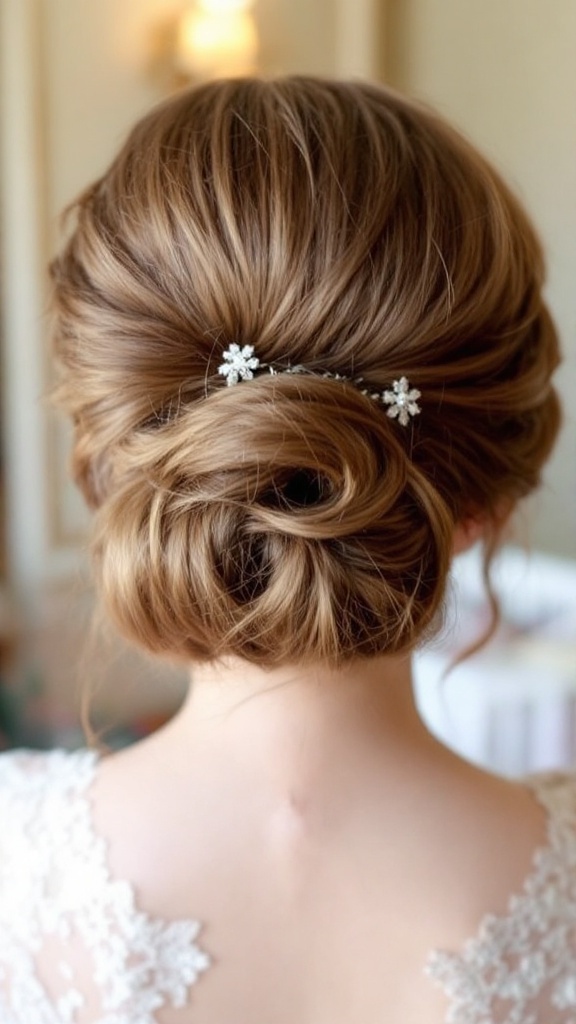 A hairstyle featuring a vintage roll and short bangs, worn by a person with medium-length, wavy hair.
