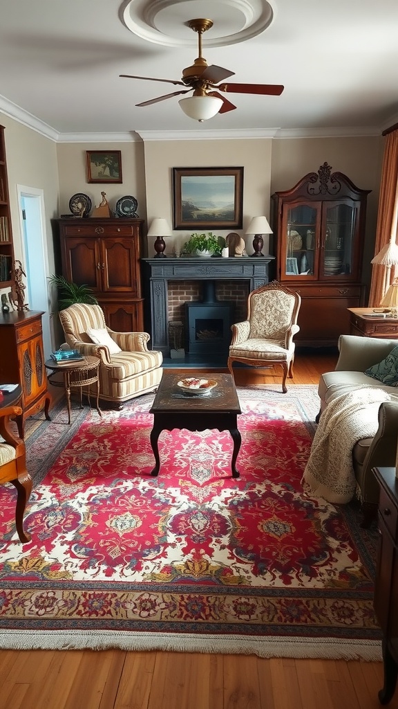 A vintage rug in a cozy living room with classic furniture and a fireplace.