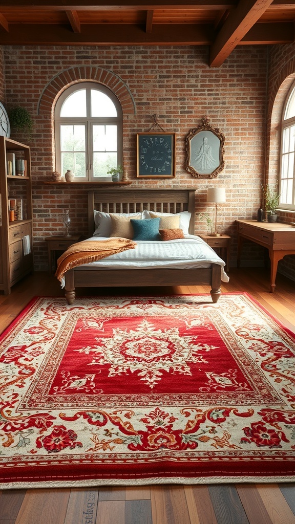 A vintage red and cream rug in a cozy kitchen setting with wooden furniture and exposed brick walls.