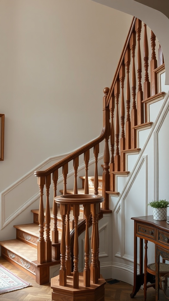 A vintage wooden staircase with intricate railings and a small table with a plant in a hallway.
