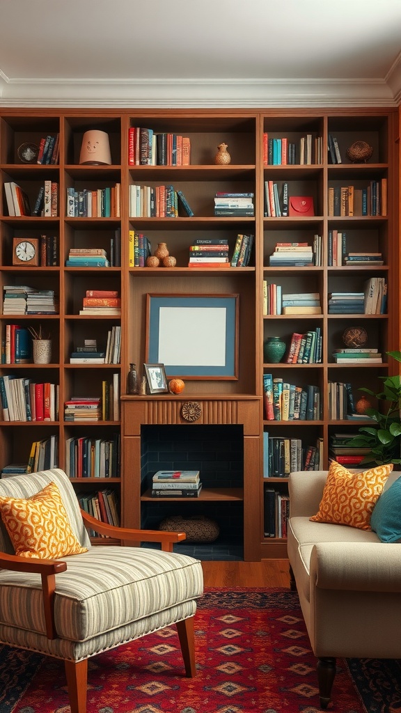 A wooden shelving unit filled with books and decorative items, with two cozy chairs in front and a warm rug below.