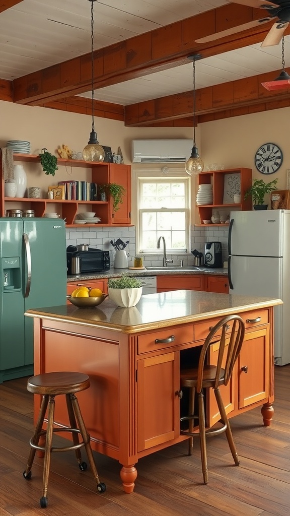 A vintage-style kitchen island with orange cabinetry and wooden countertop in a cozy kitchen setting.