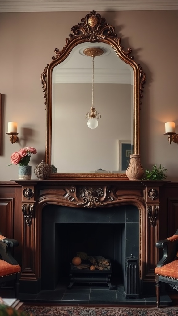 A vintage style mirror with an ornate golden frame above a wooden mantel in a cozy living room.