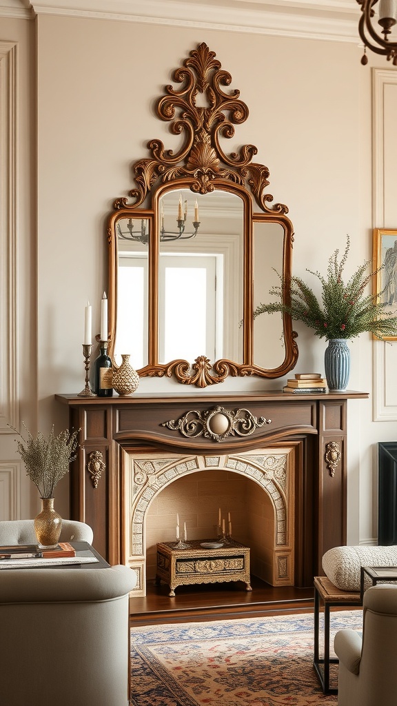 A vintage ornate mirror above a wooden mantel in a cozy living room setting.