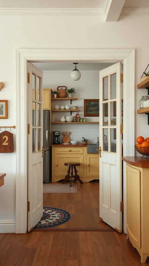 A vintage kitchen pass-through with sliding doors, featuring yellow cabinets and a cozy design.