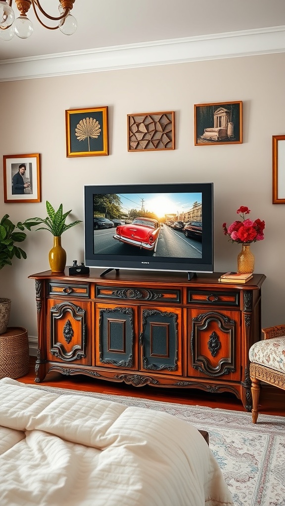 Vintage style TV stand with ornate carvings, framed artworks, and decorative plants in a cozy bedroom setting.