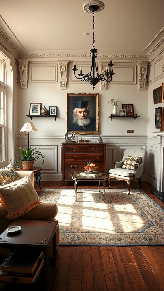 A cozy living room featuring vintage style wainscoting with a distressed finish, classic furnishings, and warm lighting.