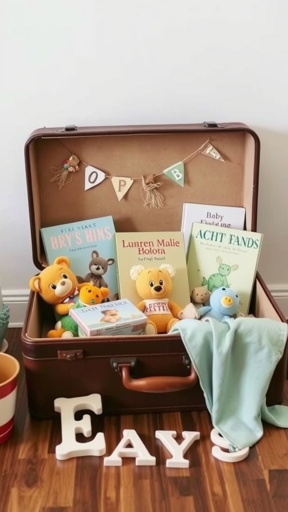 Vintage suitcase filled with stuffed animals and children's books for a baby shower decoration.