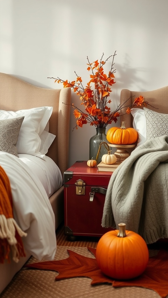 A vintage suitcase used as a nightstand, adorned with pumpkins and autumn leaves, creating a cozy fall decor.