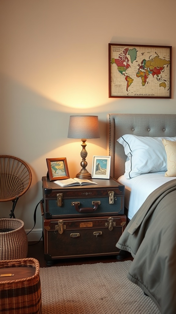 A vintage suitcase used as a nightstand with a lamp and travel photos in a cozy bedroom setting.